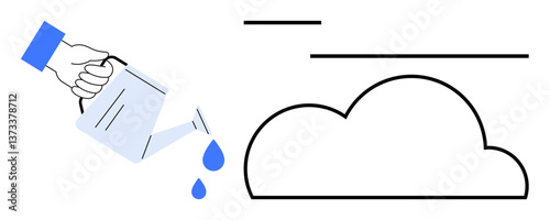 Hand with watering can pouring water droplets on cloud outline symbolizing nurturing ideas, innovation, sustainability, creativity, growth, development, encouragement. Ideal for inspiration