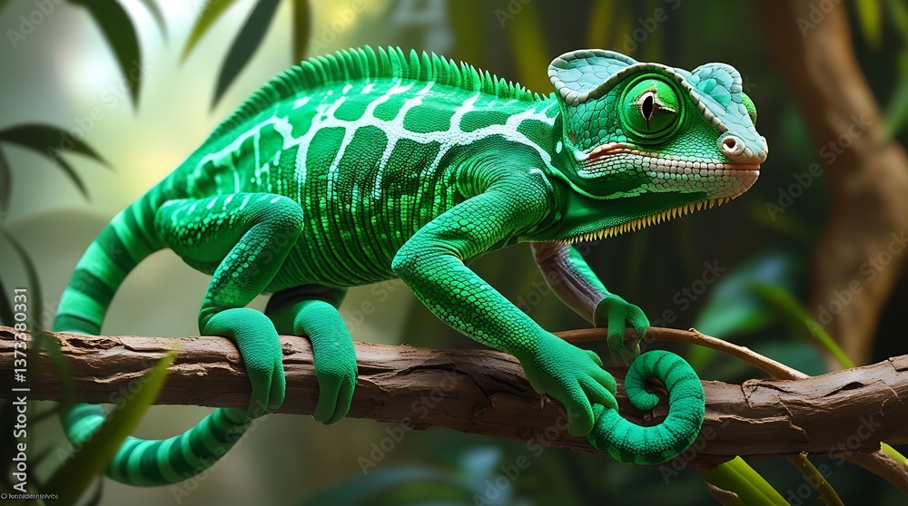 Fototapeta premium Cute green chameleon on branch against white background