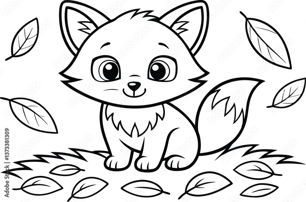 Obraz premium Outline Cartoon Fox Sitting in Leaves on Transparent Background