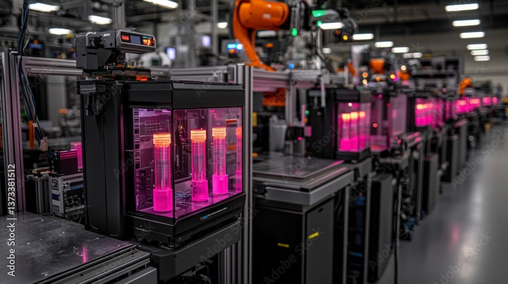 Obraz premium Automated Manufacturing Line Robotics Industrial Technology Pink Liquid Factory Assem