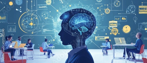 Scientists developing AI powered personalized education platforms, high-tech classroom with real-time student progress data and tailored learning paths, High-tech style
