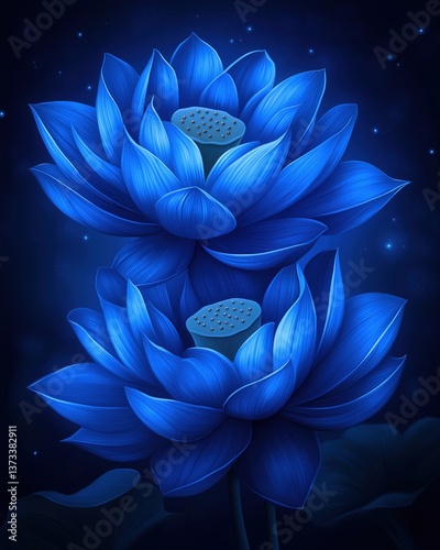 Wallpaper Mural Two vibrant blue lotus flowers bloom against a dark background, showcasing intricate petals and a serene ambiance. Torontodigital.ca