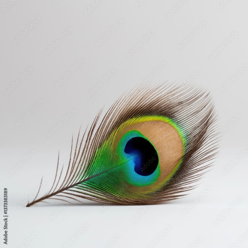 Obraz premium A vibrant peacock feather showcasing stunning colors and intricate patterns, resting gracefully against a simple background.
