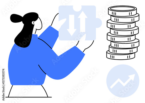 Woman holding puzzle piece with up and down arrows, stack of coins symbolizing wealth, growth chart. Ideal for finance, strategy, investment, savings, decision-making analysis success. Flat simple