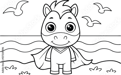 Cartoon horse wearing superhero cape on beach with flying seagulls outline drawing