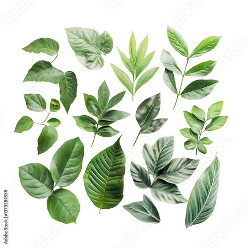 Nature's Palette: An array of vibrant green leaves, showcasing a diverse collection of textures and shapes against a clean backdrop, perfect for adding a touch of natural elegance to any design.
