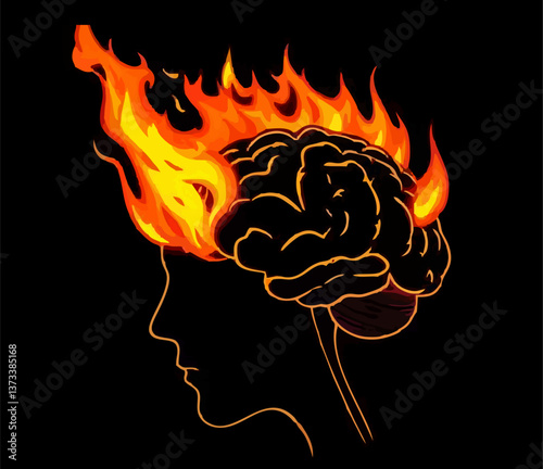 illustration of human brain with fire