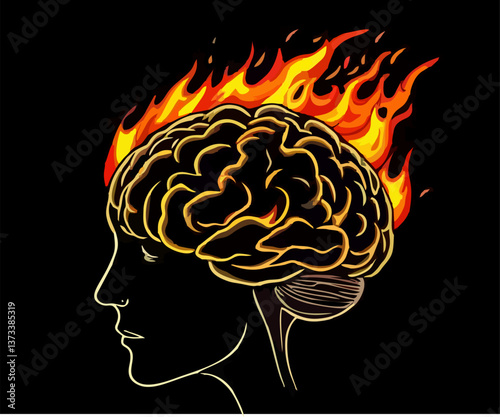 illustration of human brain with fire