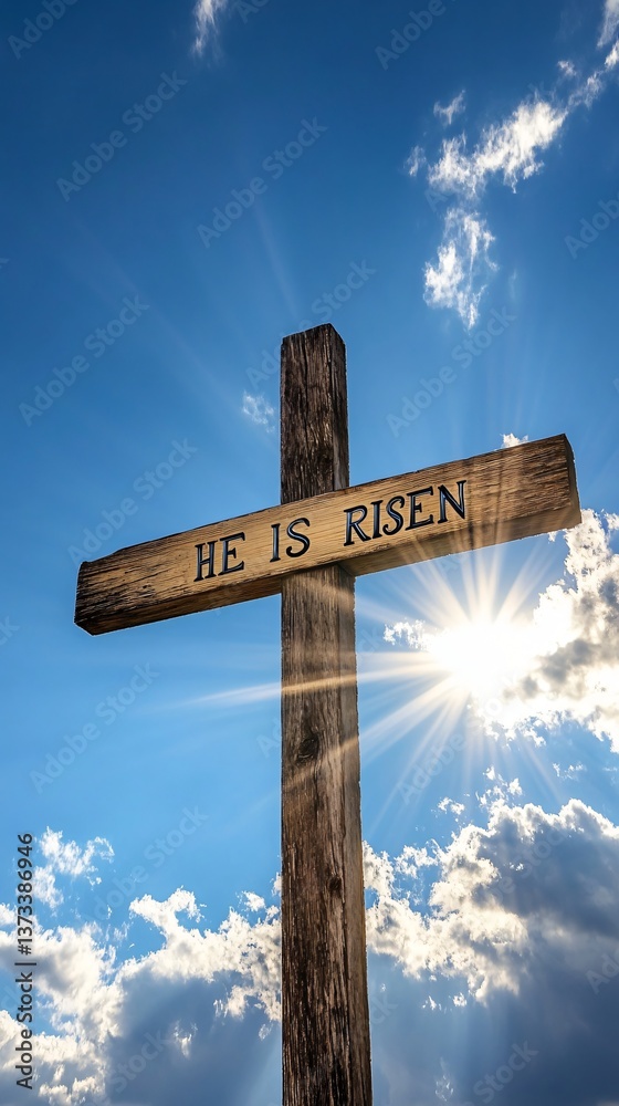 Fototapeta premium Christian Easter cross design featured on vibrant spring landscape, symbol of resurrection and seasonal rebirth, vertical orienatation.