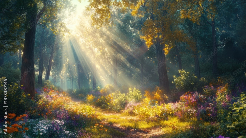 A serene forest scene illuminated by sunlight, showcasing vibrant flowers and a peaceful pathway, inviting tranquility and connection with nature. A serene forest scene illuminated by sunlight, showcasing vibrant flowers and a peaceful pathway, inviting tranquility and connection with nature.