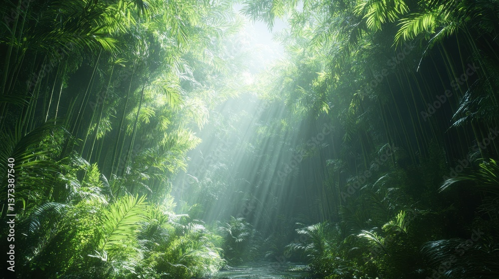 Fototapeta premium A vibrant, sunlit jungle scene with lush greenery and rays of light filtering through the dense foliage, creating a serene and enchanting atmosphere.