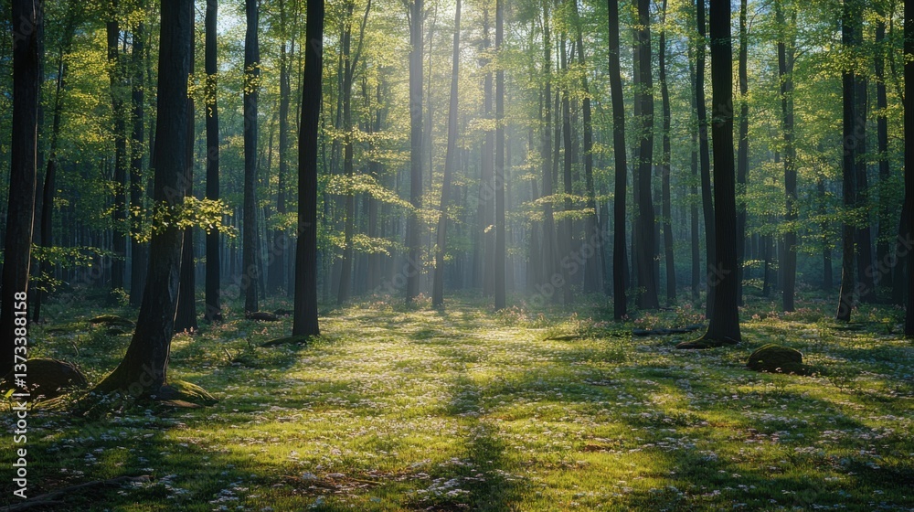 Fototapeta premium A serene forest scene with tall trees, sunlight streaming through the leaves, casting beautiful shadows on the lush green ground.