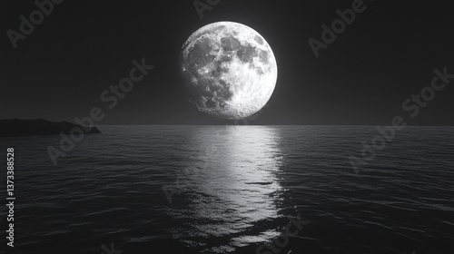A stunning black-and-white image of a large moon reflecting on calm waters, creating a serene and tranquil atmosphere.