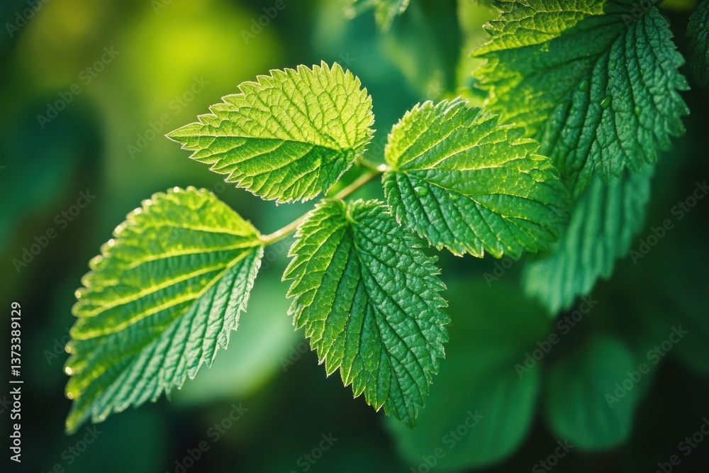 Fresh green leaves adorned with dewdrops create a serene nature composition amidst a soft blurred background in high-definition macro Fresh green leaves adorned with dewdrops create a serene nature composition amidst a soft blurred background in high-definition macro