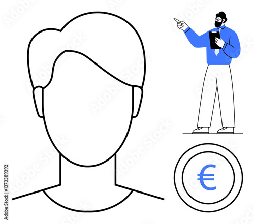 Minimal head outline, professional pointing with clipboard, euro sign in a circle. Ideal for finance, presentations, business training, economics, leadership, profile concepts flat simple metaphor