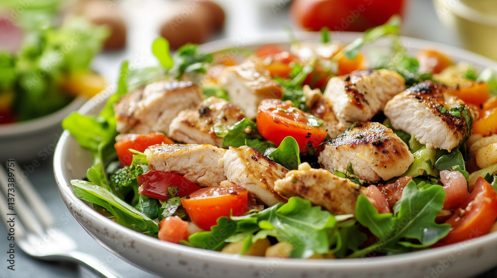 Delicious chicken salad with vegetables and greens in a deep bowl, close-up Delicious chicken salad with vegetables and greens in a deep bowl, close-up