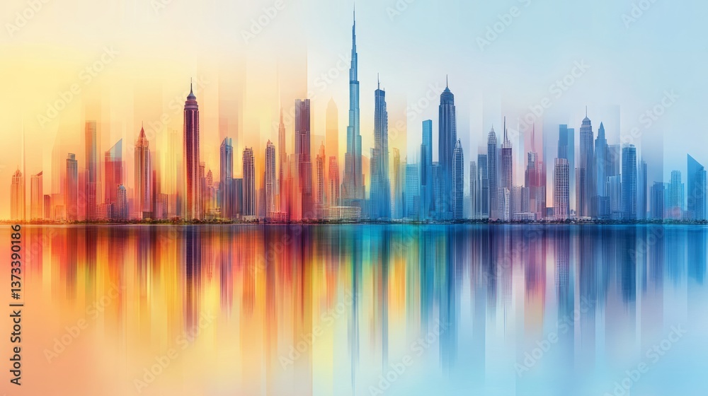 Colorful abstract cityscape reflects in the water with motion blur Colorful abstract cityscape reflects in the water with motion blur