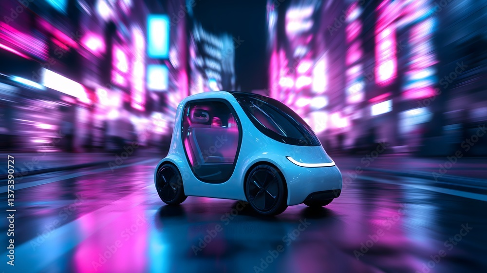 Fototapeta premium ESG, sustainability and innovation: A concept car powered by hydrogen fuel cells, sleek aerodynamic design, driving through a neon-lit smart city at night.