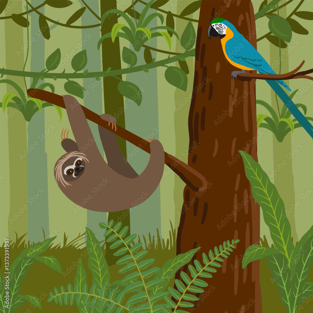 Obraz premium vector drawing rainforest landscape with pale-throated sloth , jungle background,animal in nature, hand drawn illustration