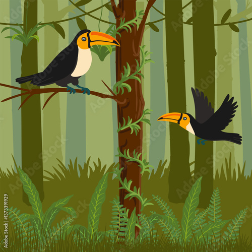 vector drawing rainforest landscape with toucan birds, jungle background,animal in nature, hand drawn illustration