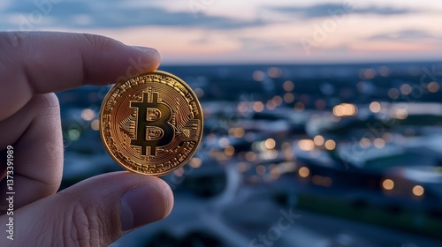 Hand Holding Bitcoin Cryptocurrency at Sunset Cityscape