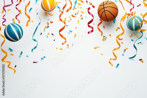 Colorful basketballs float amidst vibrant confetti and ribbons, creating a festive atmosphere perfect for sports celebrations.