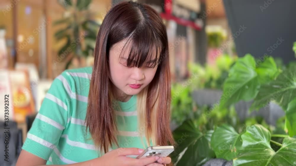 An East Asian woman using a smartphone at the park during the daytime.