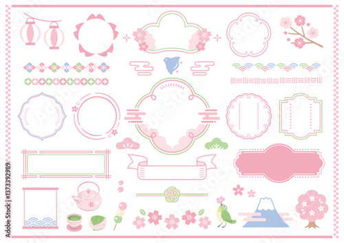 Spring Japanese-style frame illustration set