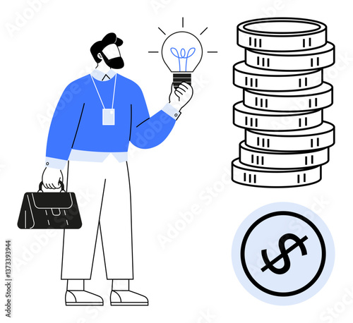 Man holding lightbulb represents innovation, profitability. Stack of coins, dollar sign reflect money, finance focus. Ideal for business, finance, entrepreneurship, creativity investment savings