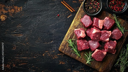 Fresh raw beef meat cubes with spices and herbs on a wooden board, top view, dark background, ready for cooking. Perfect for preparing a delicious meal with rich flavors and seasonings.
