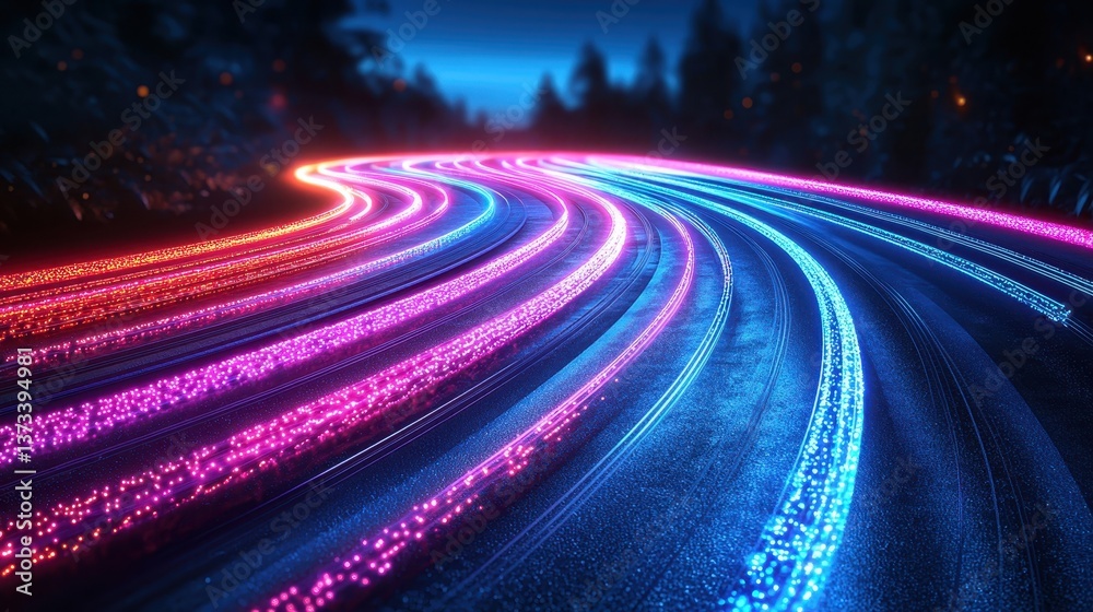 Vibrant light trails at night urban road digital art cityscape long exposure motion effects