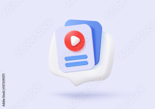 3D media data with video and photo management. Searching image and video files in gallery library. Document management soft database, document form. 3d multimedia file icon vector render illustration