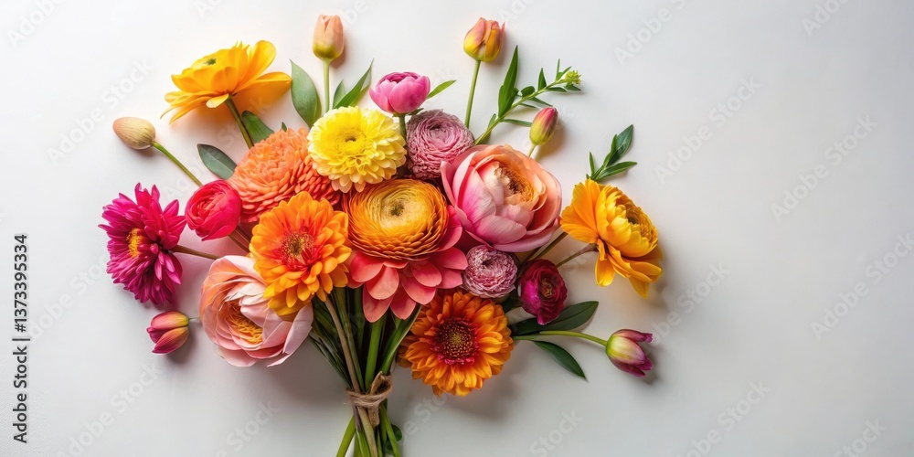 Obraz premium A vibrant collection of spring blossoms arranged artfully, showcasing a spectrum of warm colors and delicate petals, creating a cheerful and elegant floral composition