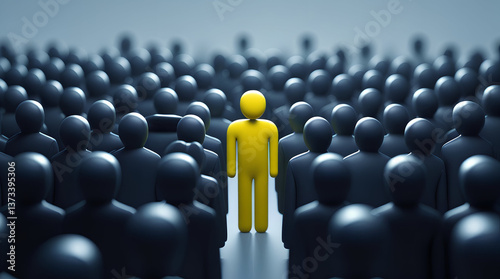 A single yellow figure stands out among a crowd of dark, black figures, representing individuality, leadership, and the power of standing out with confidence and innovation.