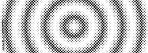 Halftone circle background. Black and white dotted circular gradient. Radial comic target texture. Fading dot epicenter wallpaper concept. Vector grunge rough round pop art rasterized backdrop