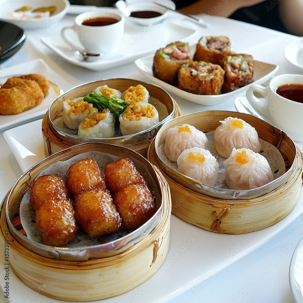 Elegant Dim Sum Assortment with Tea on White Tablecloth Elegant Dim Sum Assortment with Tea on White Tablecloth