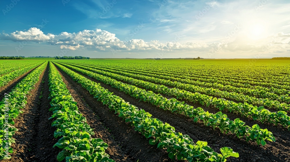 Lush Green Agricultural Field Rows of Crops Under  Sunny Sky