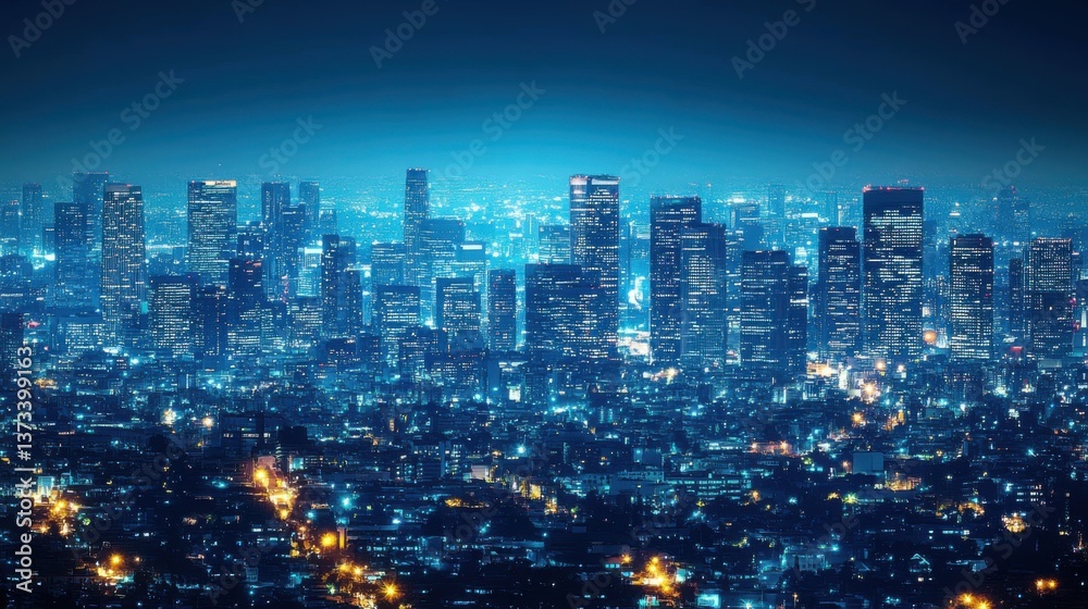 Fototapeta premium A stunning nighttime cityscape showcasing illuminated skyscrapers against a dark sky, capturing the vibrant energy of urban life.