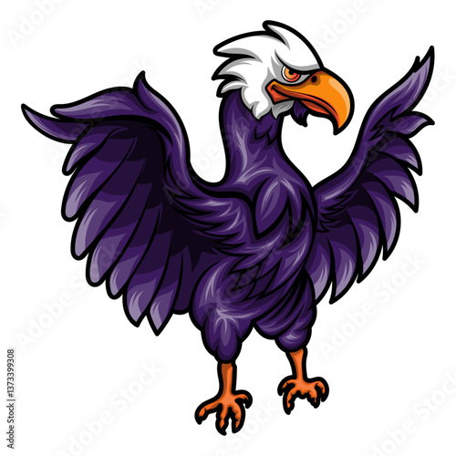 Fierce Cartoon Eagle with Outstretched Wings – Purple Feathered Bird with White Head and Orange Beak – Vector Illustration for Esports Logos, Patriotic Designs, Mascot Art, and Wildlife Graphics