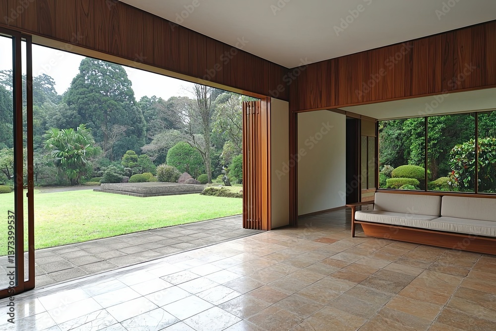 Obraz premium Contemporary interior design showcase serene garden view architectural photography modern home indoor-outdoor harmony