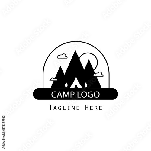 Simple camping logo design featuring mountains, a tent, and clouds.  A space for a tagline is included