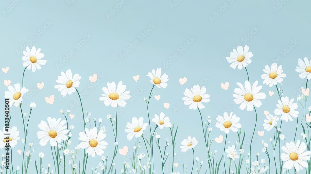 Fototapeta premium 88.A whimsical pattern of chamomile flowers with detailed petals and tiny hearts in alternating pastel shades, forming a seamless vector layout on a light sky-blue background.
