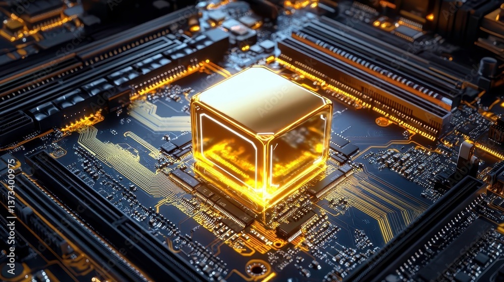 Fototapeta premium Golden CPU on Motherboard, Tech Background - Futuristic Technology