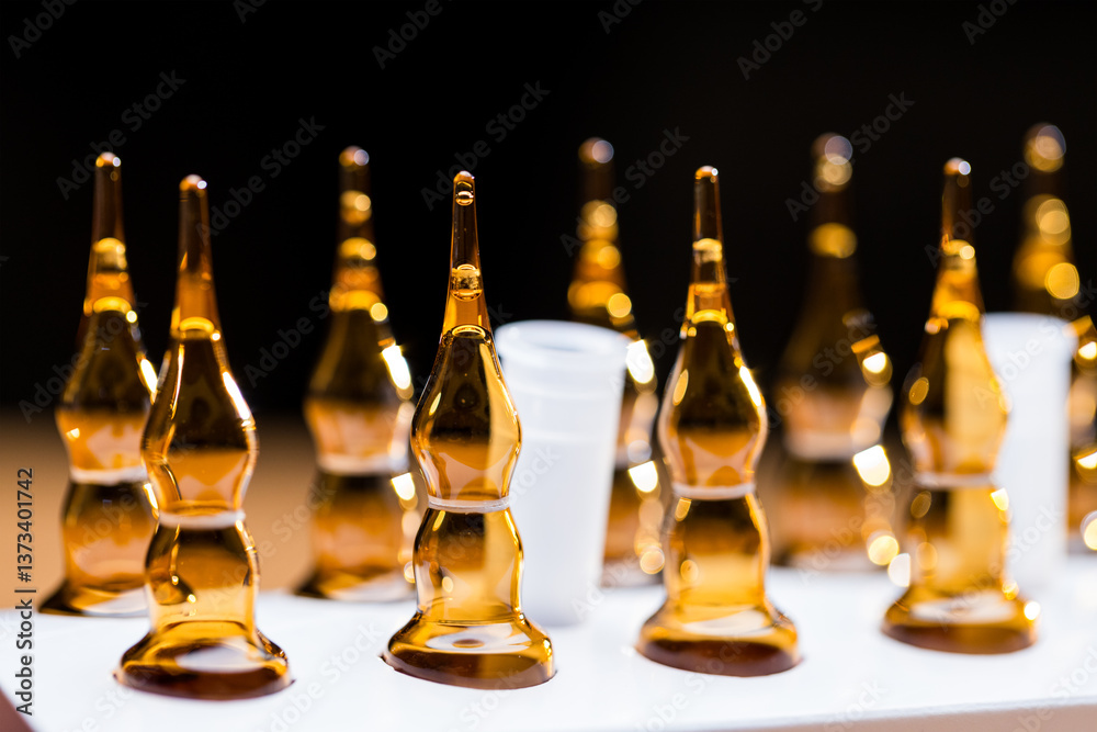 Cosmetic ampoules with liquid skincare serum arranged neatly