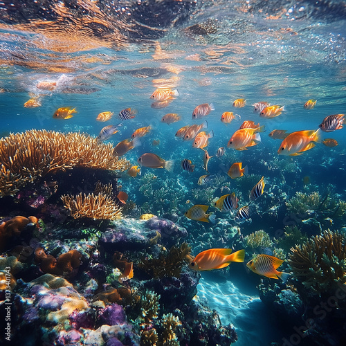 Underwater Coral Reef Ecosystem with School of Trop photo