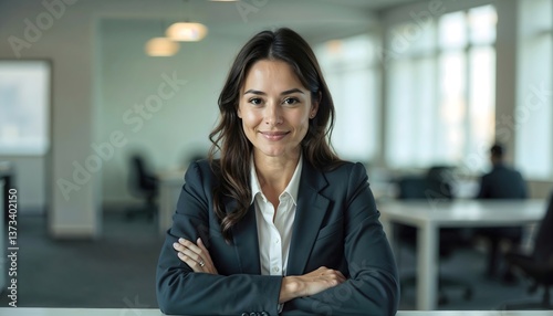 Smiling Young Businesswoman Sitting at a Desk in a Bright and Modern Office Environment. 