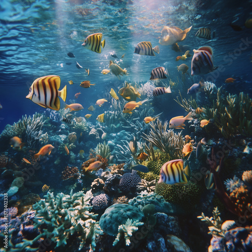 Underwater Coral Reef Ecosystem with School of Trop photo