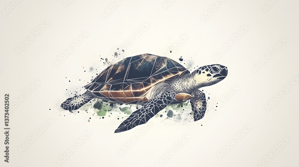 Obraz premium Charming minimalist geometric illustration of a turtle in a side profile style showcasing artistic details and design