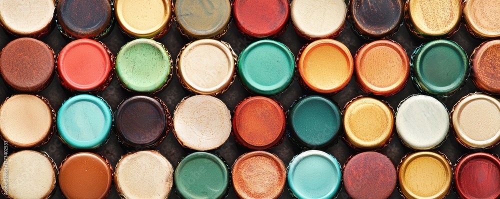 A collection of colorful paint lids arranged in a vibrant pattern for creative inspiration. A collection of colorful paint lids arranged in a vibrant pattern for creative inspiration.