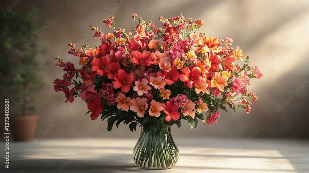 A stunning bouquet of mixed flowers in vibrant red, orange, and pink hues, arranged in a glass vase. Soft sunlight enhances the rich floral textures, creating a warm and inviting atmosphere. A stunning bouquet of mixed flowers in vibrant red, orange, and pink hues, arranged in a glass vase. Soft sunlight enhances the rich floral textures, creating a warm and inviting atmosphere.